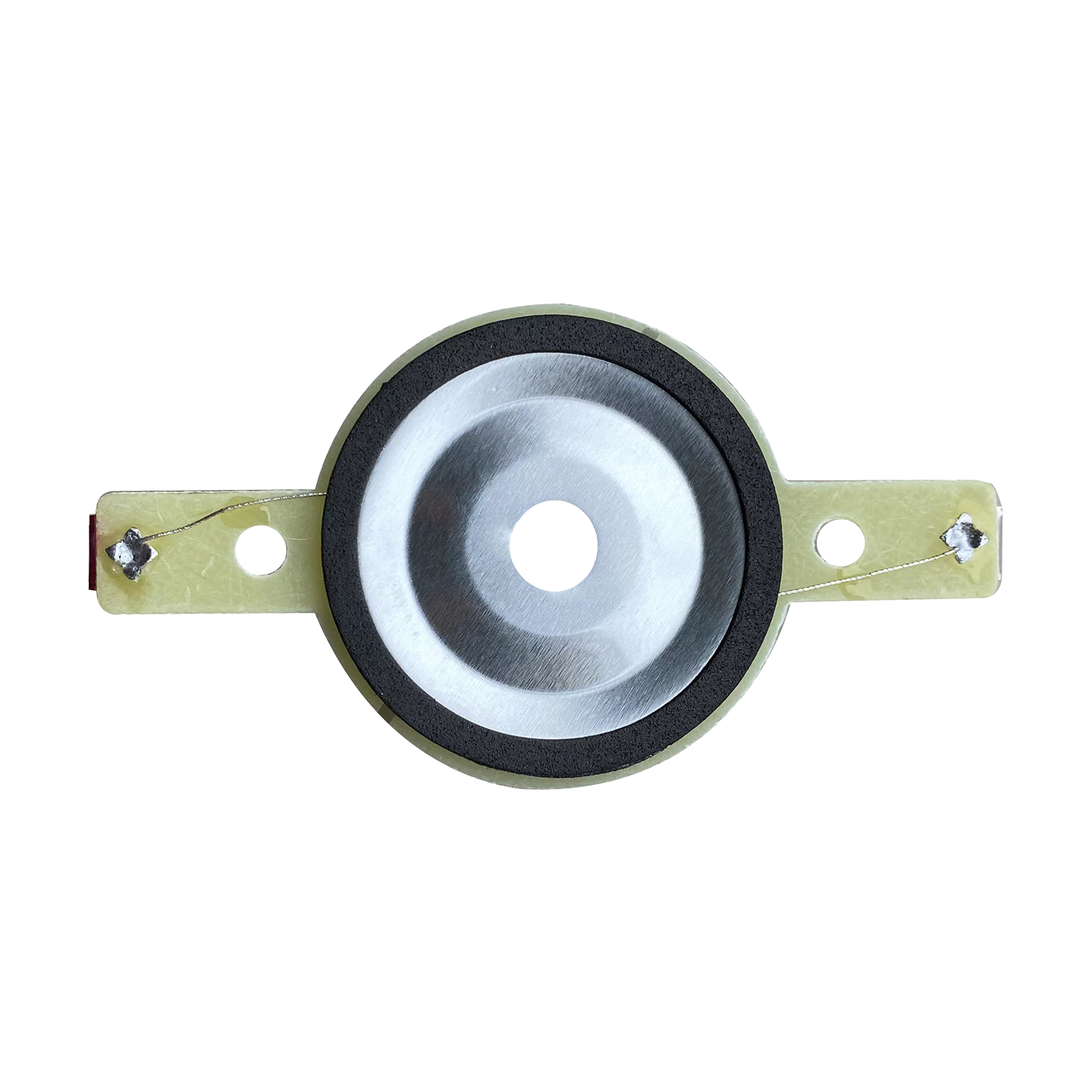 The CVPXTD, a replacement tweeter diaphragm for CVPX Series models, features a metallic dome with a central bulge bordered by a black rubber ring. It's attached to a beige bracket with dual holes and wires on each side against a white backdrop.